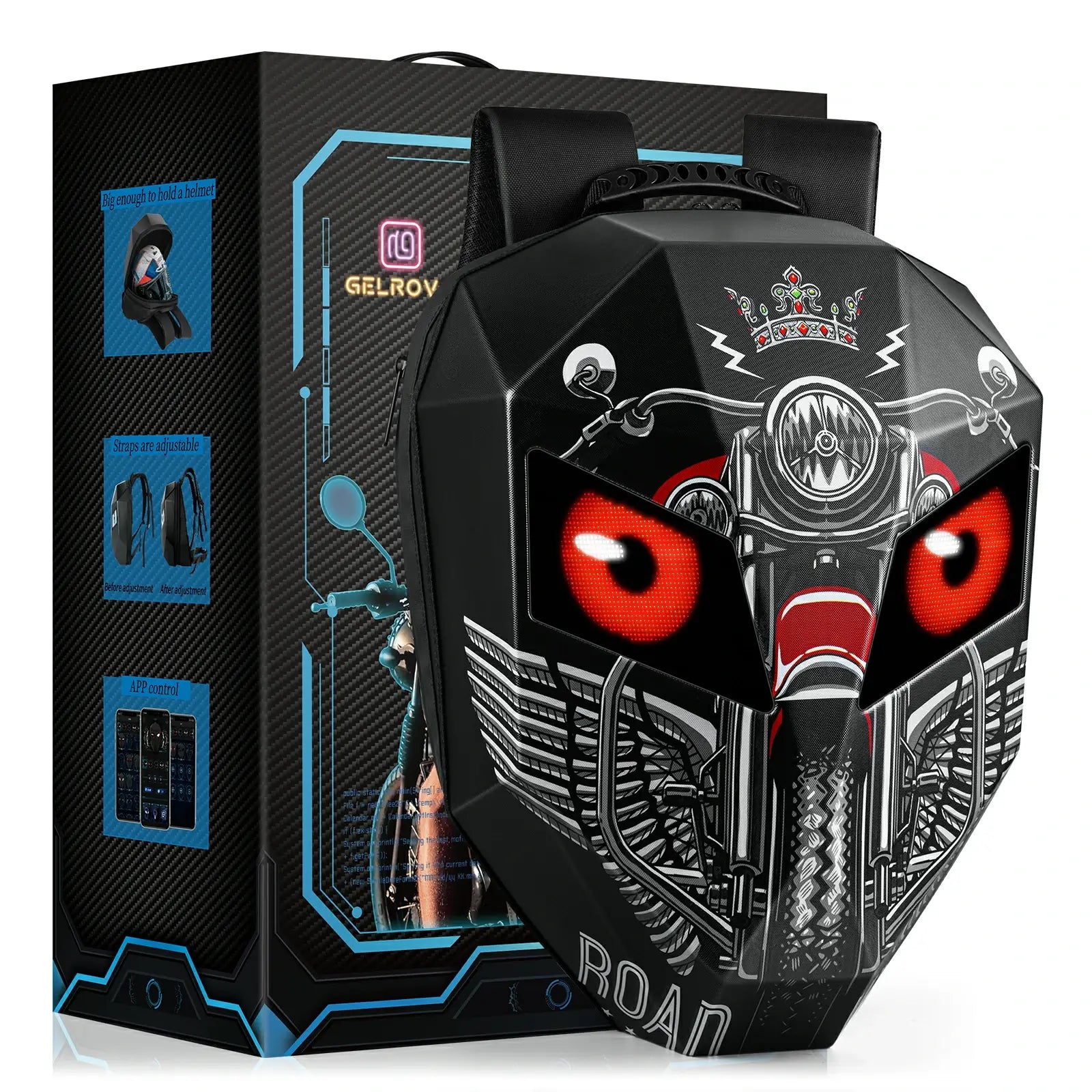 Gelrova LED Motorcycle Backpack - Knight Series with customizable LED eyes and hard shell design.