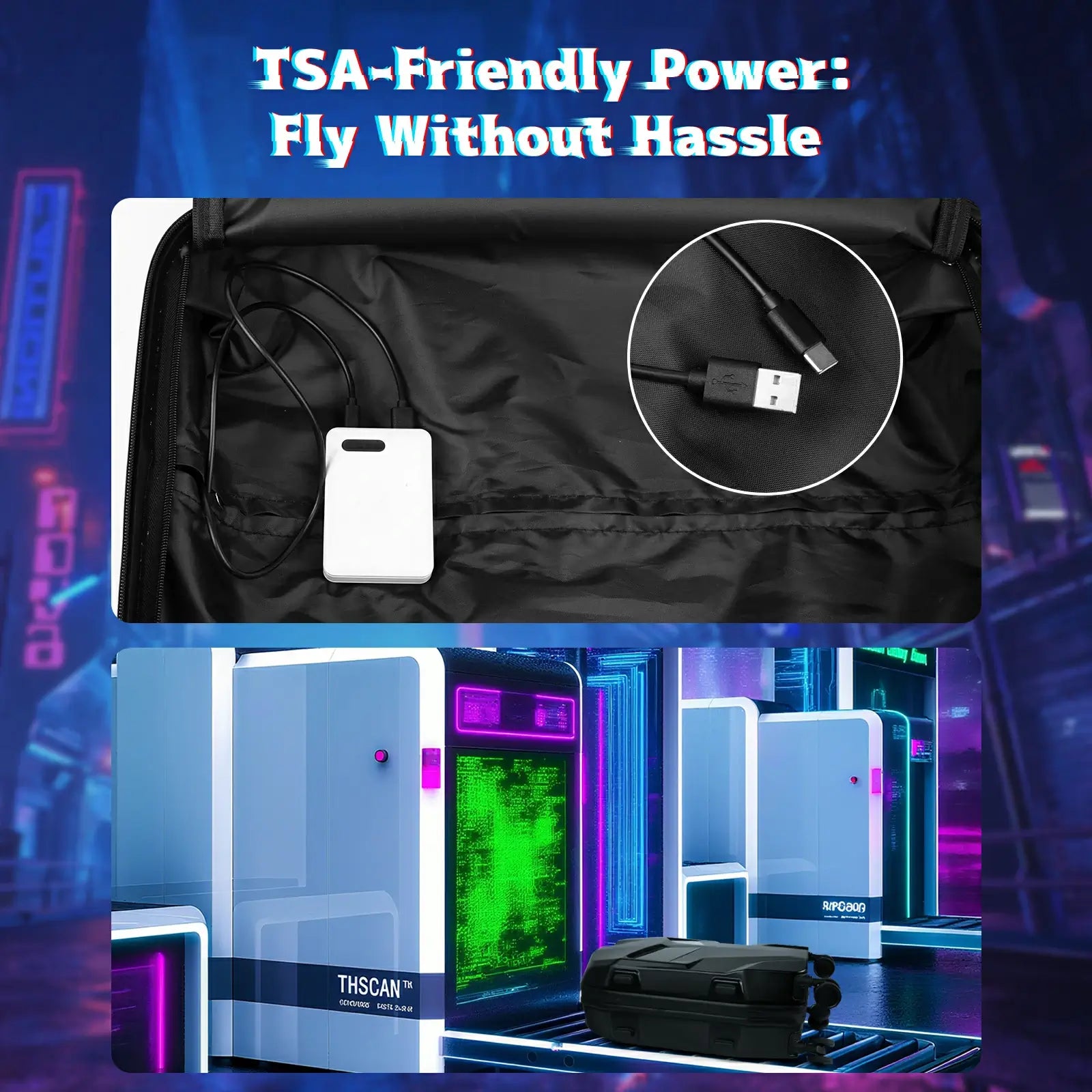Gelrova LED Smart Luggage - Explorer Series featuring TSA-friendly power with easy access USB and power bank compartment.