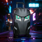 Gelrova LED Smart Luggage - Explorer Series showing dynamic LED eye expressions and carry-on dimensions.