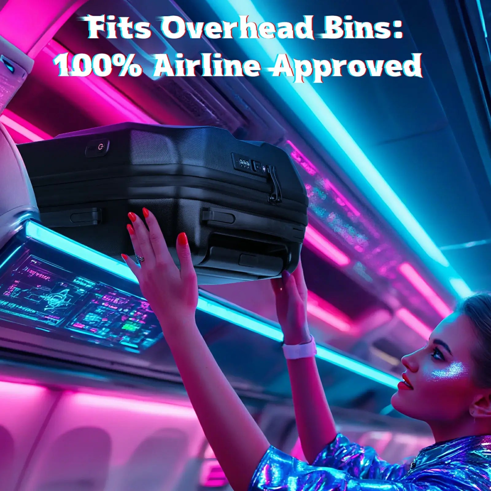 Gelrova LED Smart Luggage - Explorer Series fits in overhead bins, 100% airline approved with dynamic LED features.