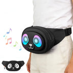  Person wearing the Gelrova LED waist bag with colorful musical notes illustrating the built-in Bluetooth speaker playing music.