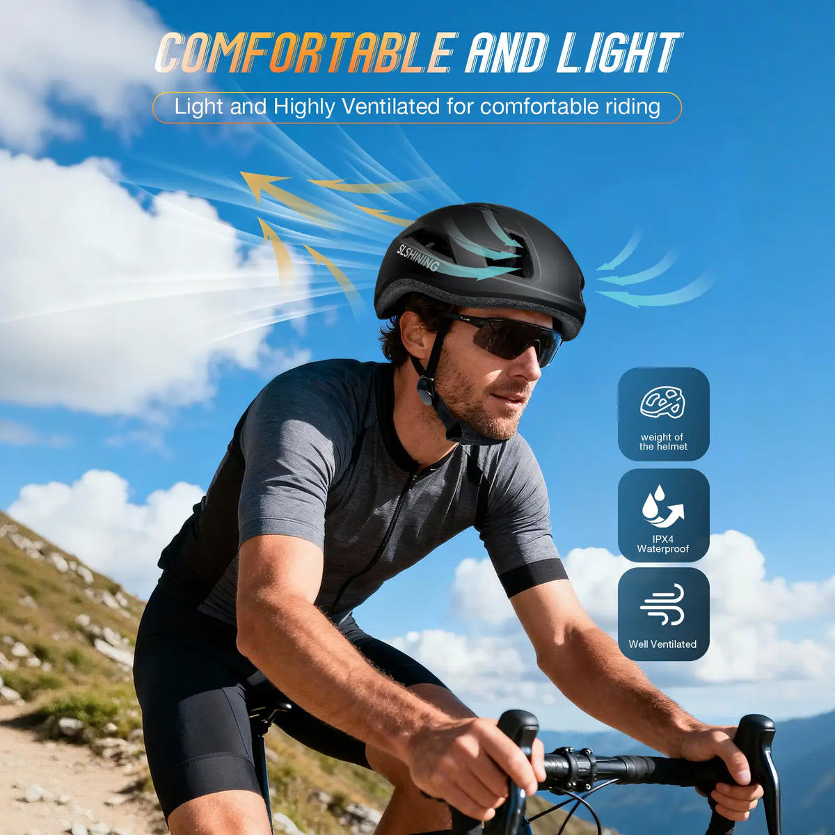 Male cyclist riding with the highly ventilated Gelrova programmable LED helmet, showing optimal airflow design.