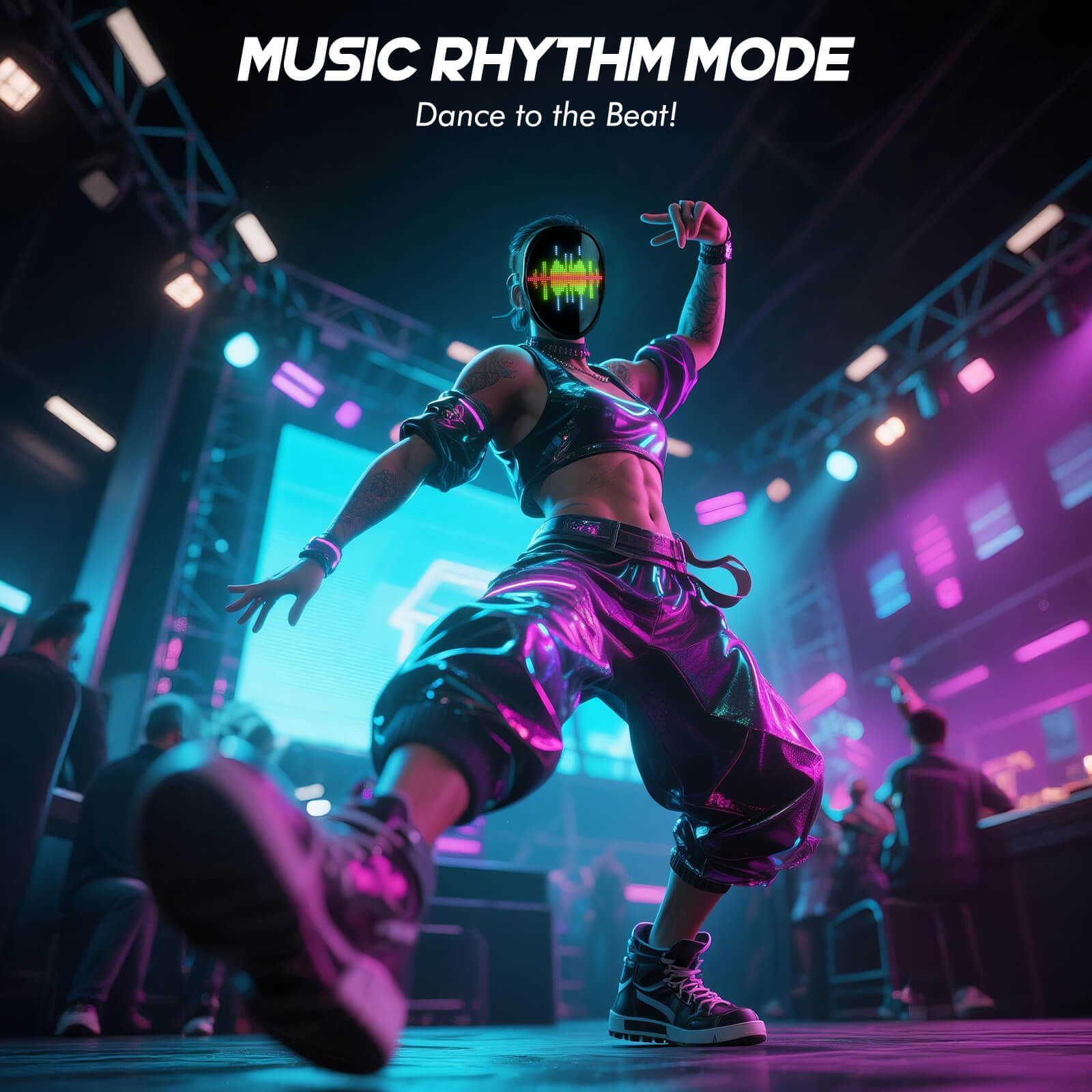 Gelrova Programmable Edition Light Up Mask in music rhythm mode at a lively dance event.
