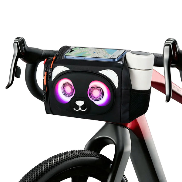 Panda-shaped bike handlebar bag with glowing pink LED rhythm lights, touchscreen phone holder, and water bottle pouch.
