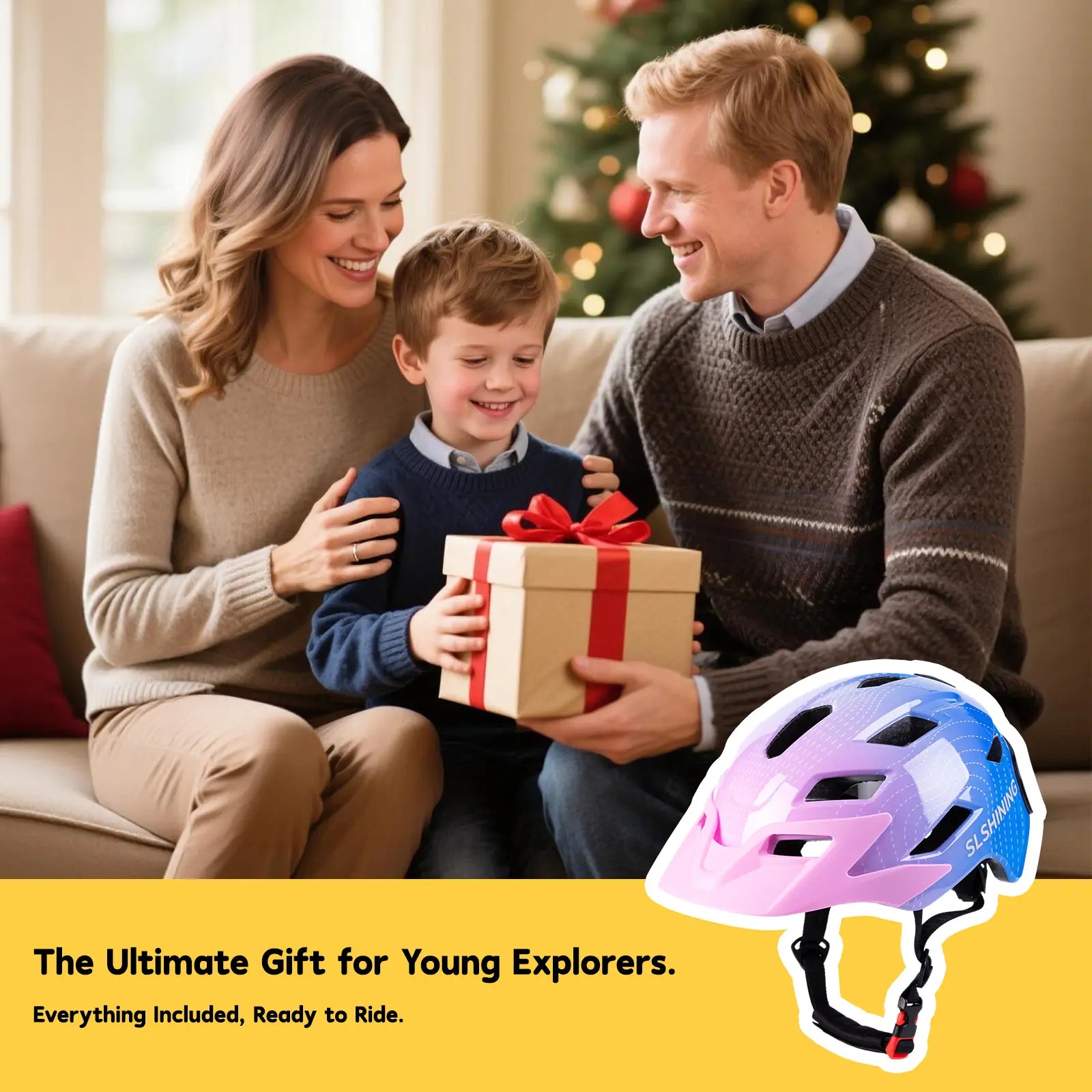 Parents giving the ultimate gift of safety to their child—a fun light-up LED bike helmet, perfect for birthdays and holidays.