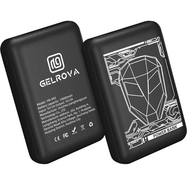 Back view of Gelrova portable charger showing 10000mAh capacity and steady 5V/2A output specs specifically for pixel art displays.