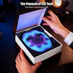 Gelrova CyberFace X - HD Video & Voice Control Light Up Mask displayed in an elegant gift box with vibrant LED lights.