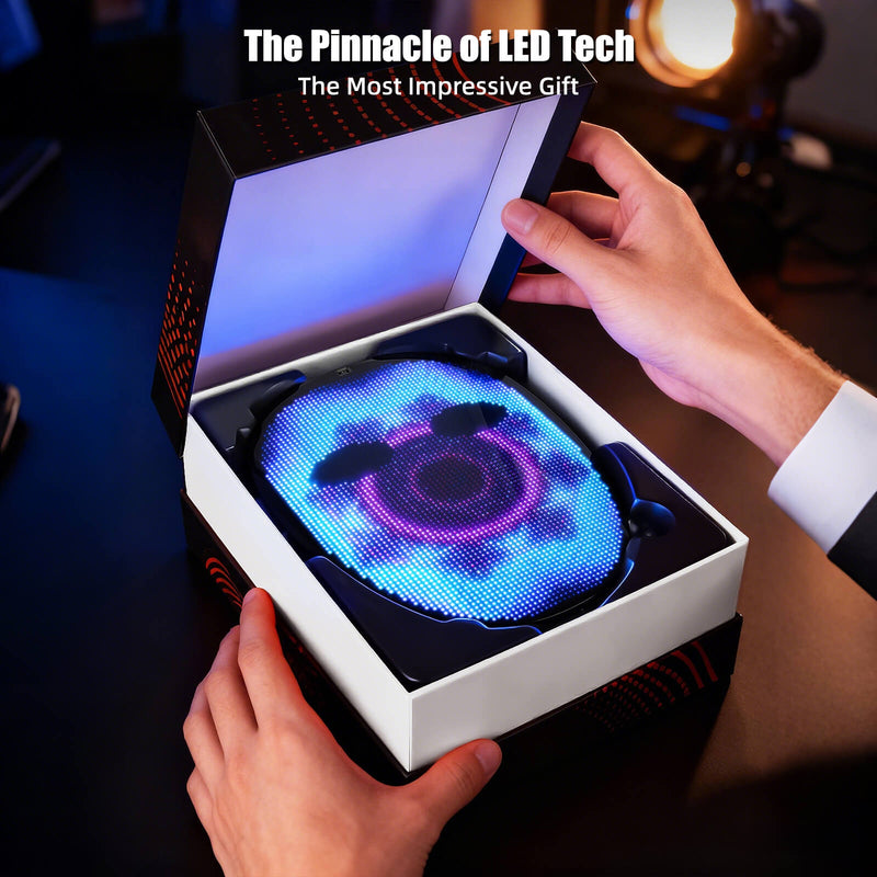 Gelrova CyberFace X - HD Video & Voice Control Light Up Mask displayed in an elegant gift box with vibrant LED lights.