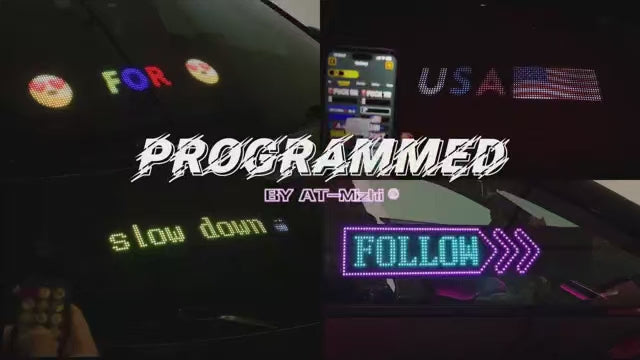 A dynamic video showcase of the Gelrova car window LED display, demonstrating various scrolling text messages like "TOO CLOSE!", vibrant emojis, and custom animations controlled via a smartphone app and remote.