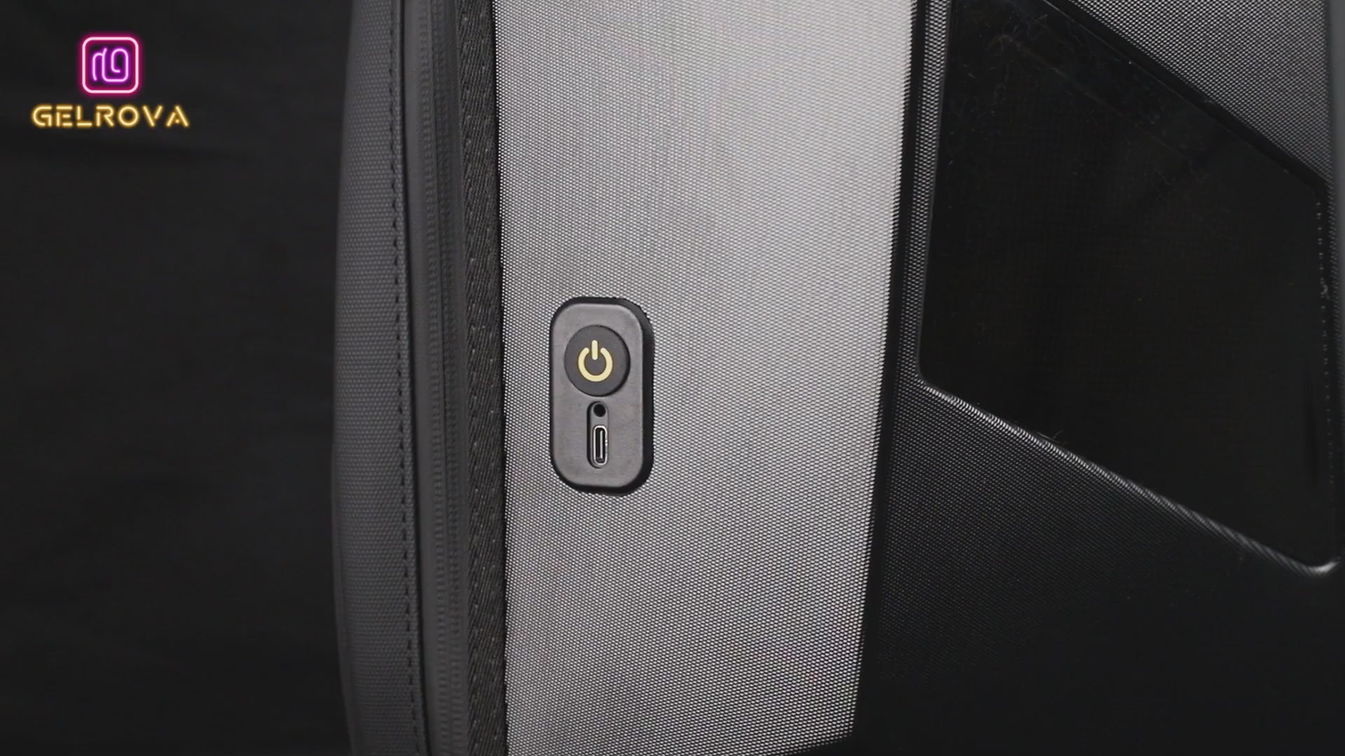 Detailed feature showcase of Gelrova Knight Pro LED backpack including built-in Bluetooth speaker, 48x48px screen app control, and expandable helmet storage compartment.