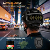Gelrova programmable LED bike helmet with wireless turn signals and brake light, showing a left turn arrow for night safety.