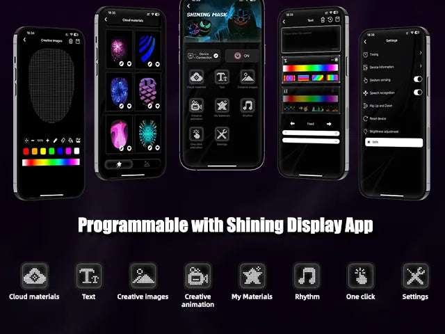 Shining Display App interface for programming the Gelrova light up mask with custom text, animations, cloud materials, and music rhythm.