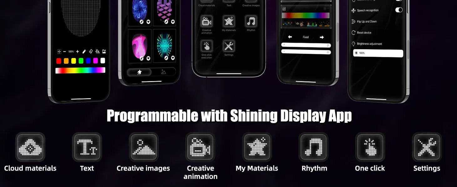 Shining Display App interface for programming the Gelrova light up mask with custom text, animations, cloud materials, and music rhythm.