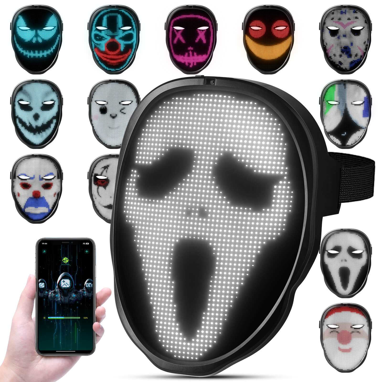 Gelrova Programmable Edition Light Up Mask featuring customizable designs and smart app control.