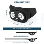  Product dimensions chart for the LED crossbody bag, showing a bag length of 13.78 inches and an adjustable waist strap range from 23.62 to 55.12 inches.