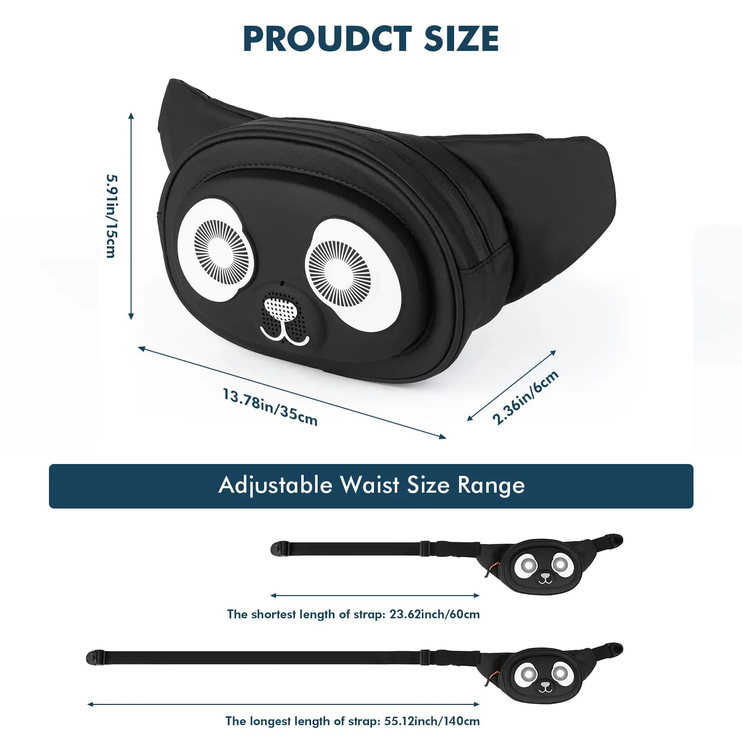  Product dimensions chart for the LED crossbody bag, showing a bag length of 13.78 inches and an adjustable waist strap range from 23.62 to 55.12 inches.