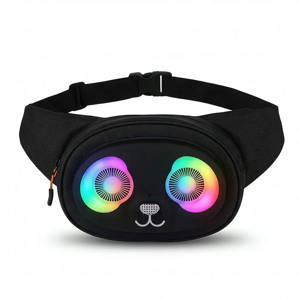 Front view of the black LED fanny pack with built-in Bluetooth speaker, showing the dual eye-shaped lights glowing in rainbow colors.