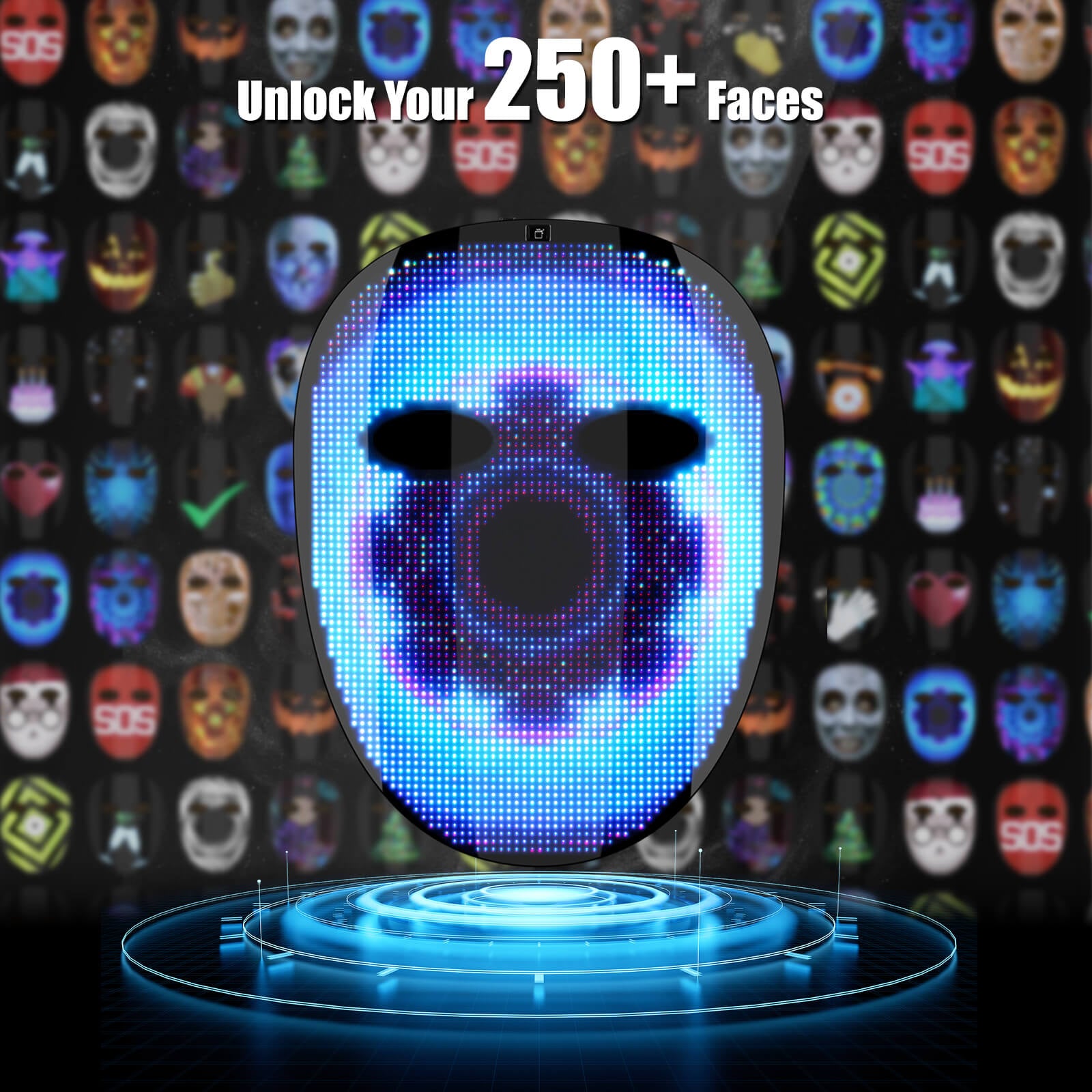 Gelrova CyberFace X - HD Video & Voice Control Light Up Mask with dynamic LED display showcasing diverse designs.