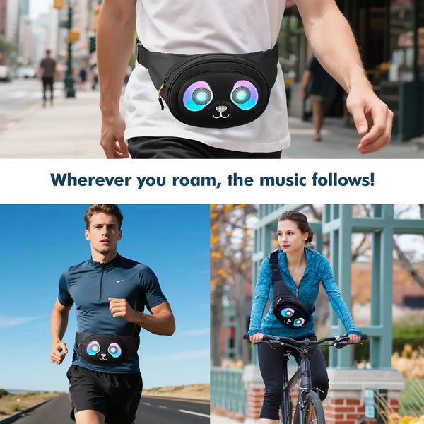 Lifestyle collage showing people using the sound reactive LED bag while walking, jogging, and cycling. The text reads wherever you roam the music follows.