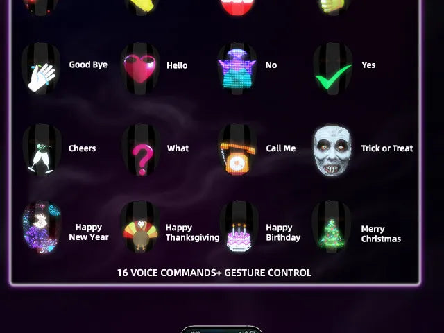 16 hands-free voice commands for Gelrova light up mask, including Trick or Treat, Merry Christmas, and SOS gesture control options.
