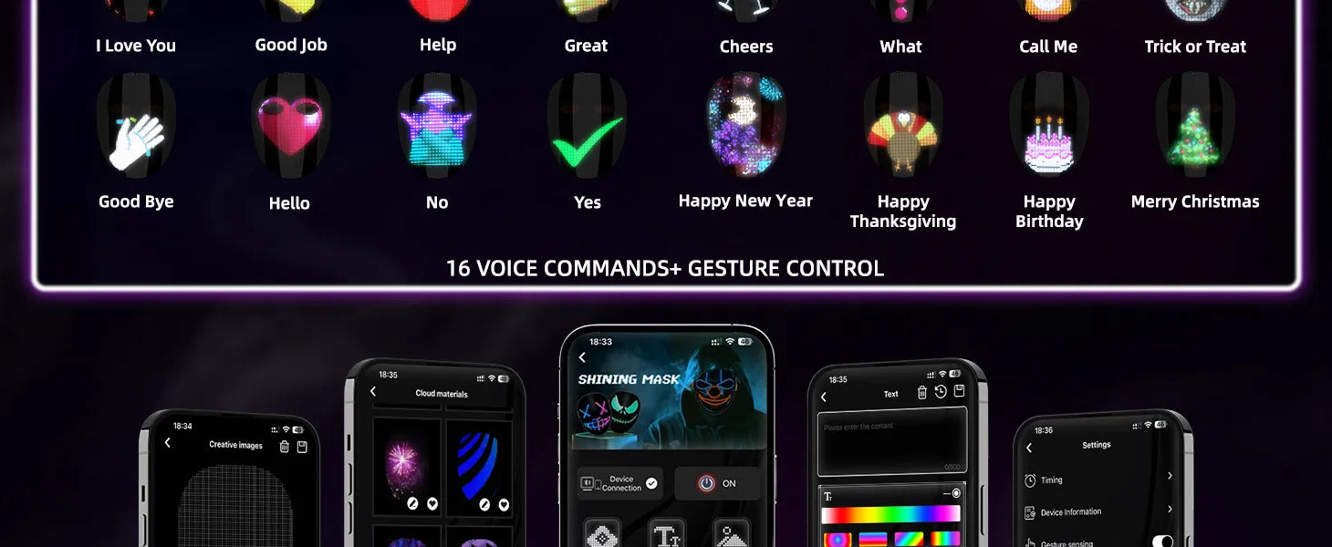 16 hands-free voice commands for Gelrova light up mask, including Trick or Treat, Merry Christmas, and SOS gesture control options.