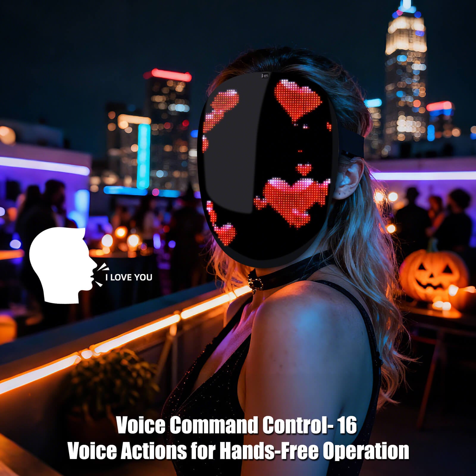 Gelrova CyberFace X - HD Video & Voice Control Light Up Mask in a vibrant party setting with heart animations.