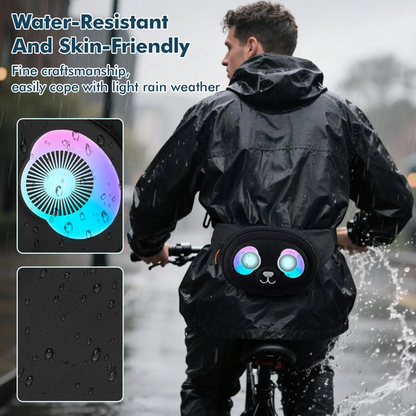 Man cycling in light rain wearing the water-resistant LED crossbody bag, highlighting its waterproof fabric and weather-ready design.