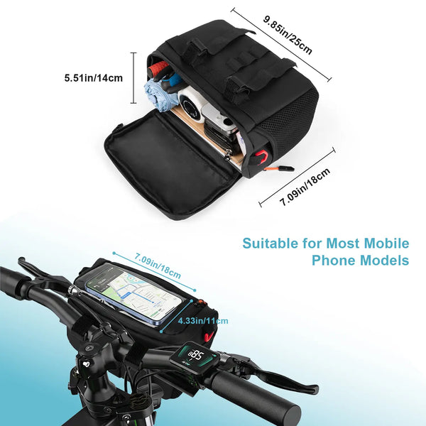 Large capacity bike handlebar bag showing internal storage for tools, touchscreen phone holder dimensions, and side water bottle pocket.