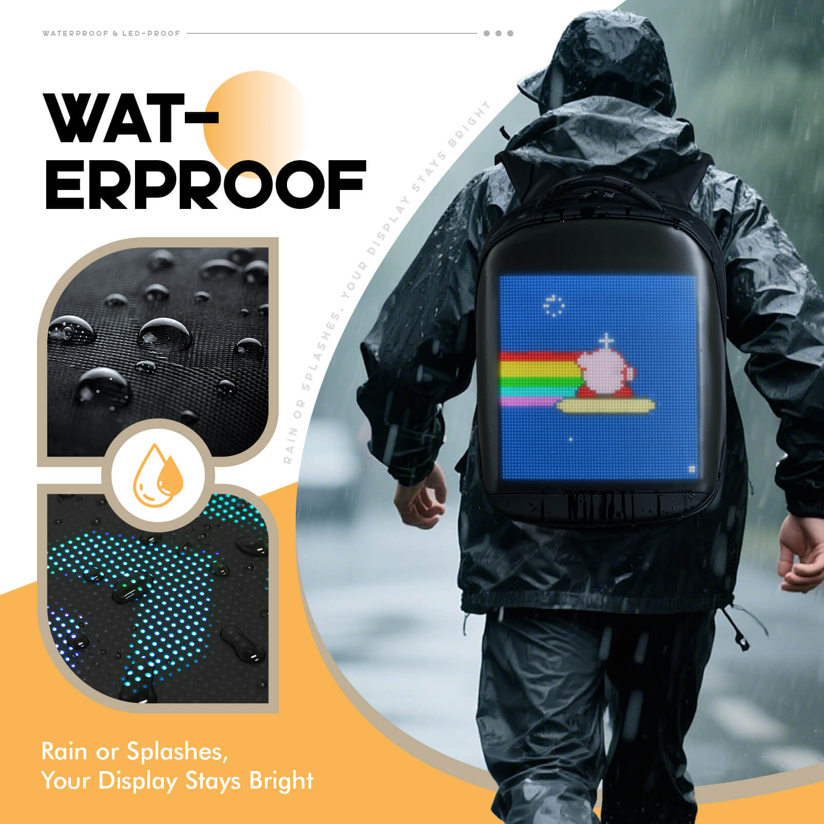 Gelrova LED Backpack – City Series 17" showcasing waterproof features and colorful LED display.