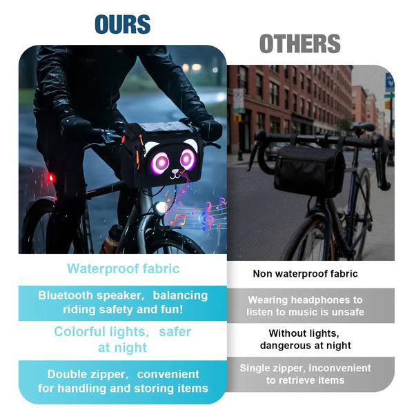 Comparison showing the advantages of Gelrova waterproof LED bike bag with Bluetooth speaker for safe night riding versus standard bags.