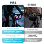 Comparison showing the advantages of Gelrova waterproof LED bike bag with Bluetooth speaker for safe night riding versus standard bags.