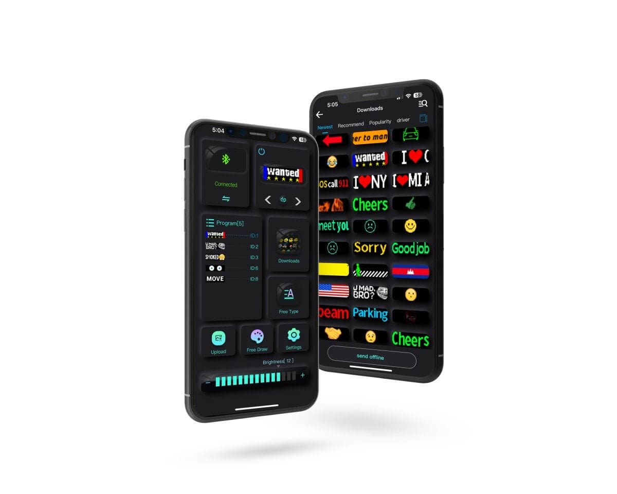 Two smartphones displaying the Gelrova app interface with customizable GIFs and text options for the LED display.