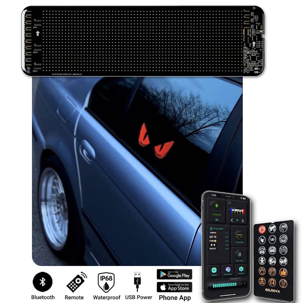 Gelrova Customizable Car LED Display showcasing animated graphics on a car window with remote and smartphone app.