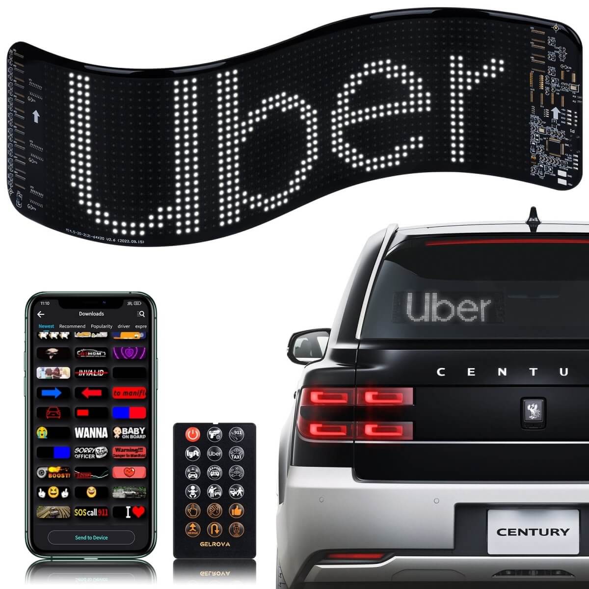 Gelrova Car Window LED Display Car Star 6 Series Driver Edition, 4 by 14 inches, installed on a vehicle window.