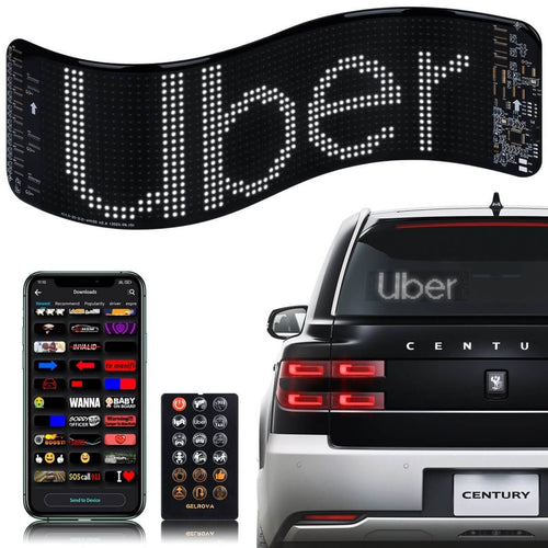 Gelrova Car Window LED Display Car Star 6 Series Driver Edition, 4 by 14 inches, installed on a vehicle window.