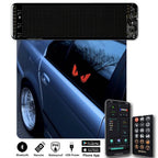 Gelrova Customizable Car Window LED Display, 14 by 4 inches, showing animated graphics on a car window with remote and smartphone app.
