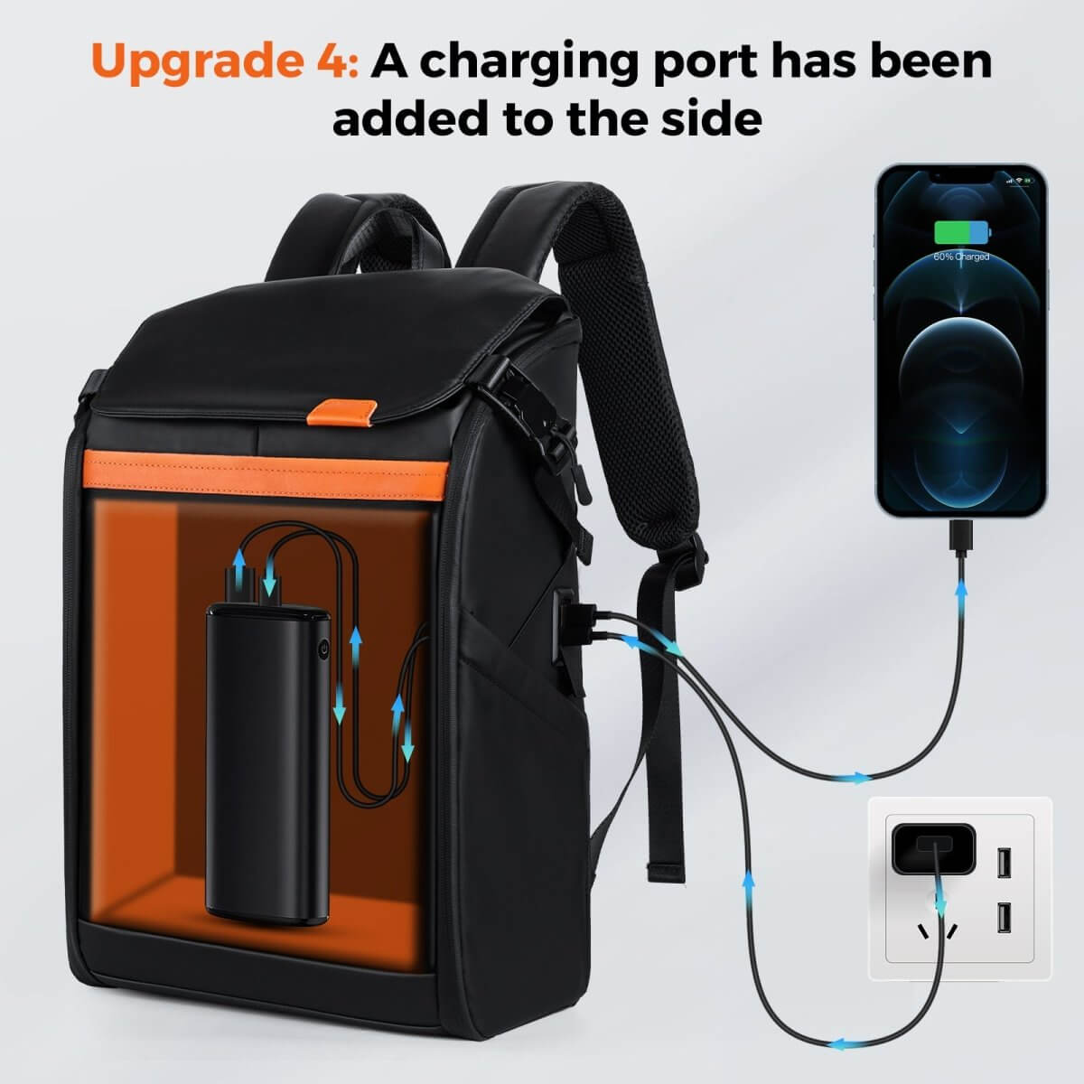 Gelrova LED Backpack – Clash Series 17" showcasing side charging port and connection to phone.