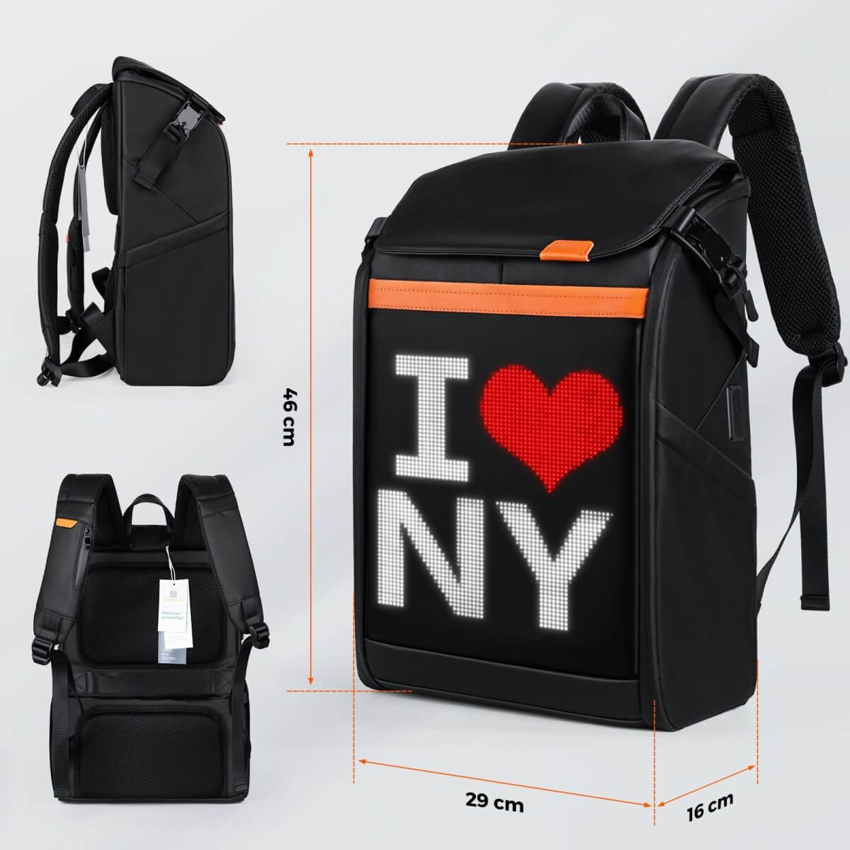 Gelrova LED Backpack with 'I Love NY' display, showcasing a modern design and dimensions for stylish commuting.