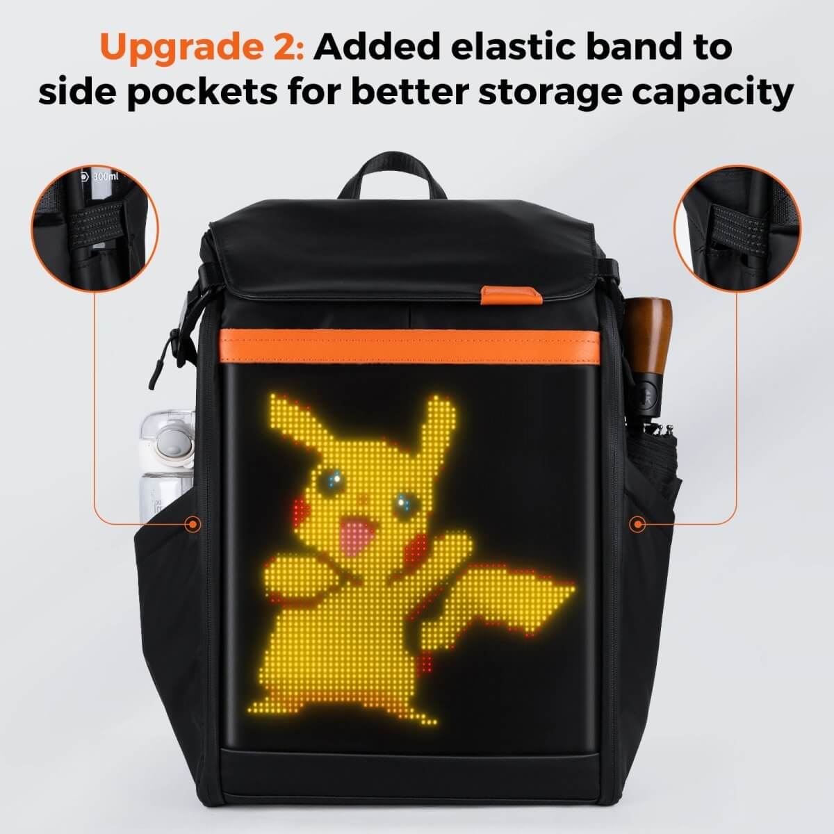 Gelrova LED Backpack – Clash Series 17" with Pikachu design and elastic side pockets for enhanced storage.