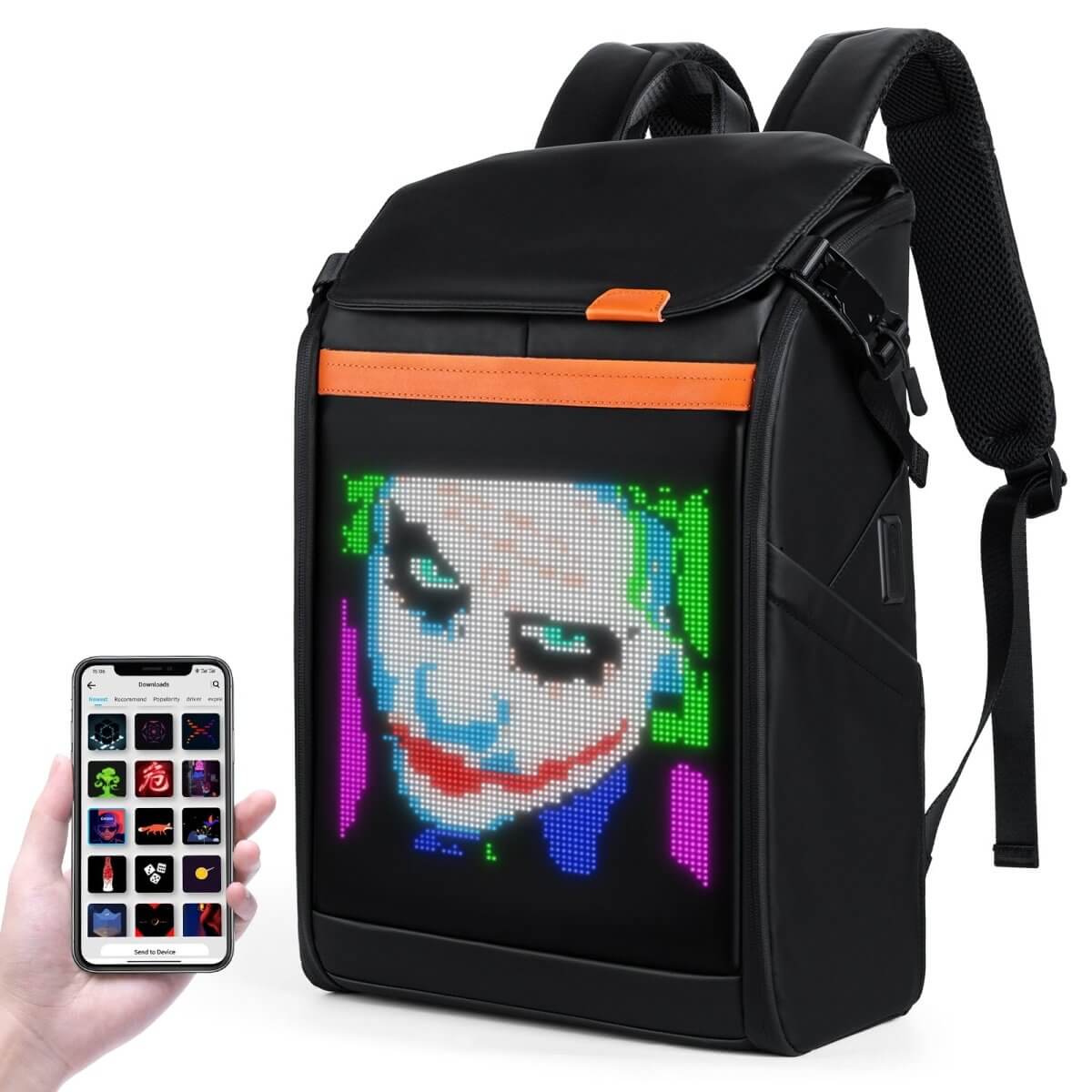 Gelrova LED Backpack – Clash Series 17" with customizable LED display and smartphone app.