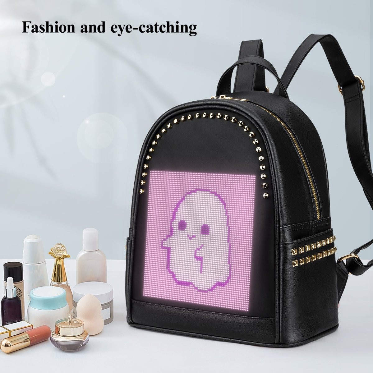 The LED screen on the T5 Women’s LED Backpack displays a ghost