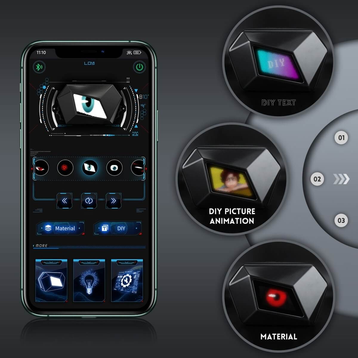 Gelrova LED Crossbody Bag - Devil Eye Bag 12.5" smartphone app interface for customization and animation features.