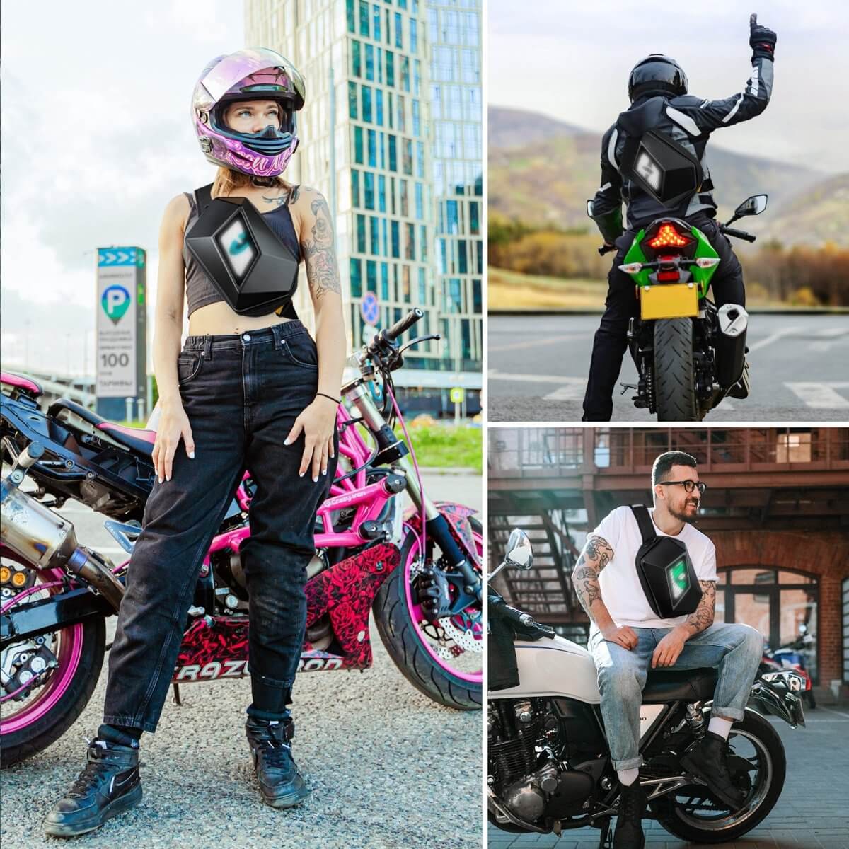 Gelrova LED Crossbody Bag - Devil Eye Bag 12.5" showcased in trendy motorcycle fashion settings.