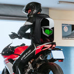 Gelrova LED Motorcycle Backpack - Rampage Series, customizable display, worn by rider on sport bike.