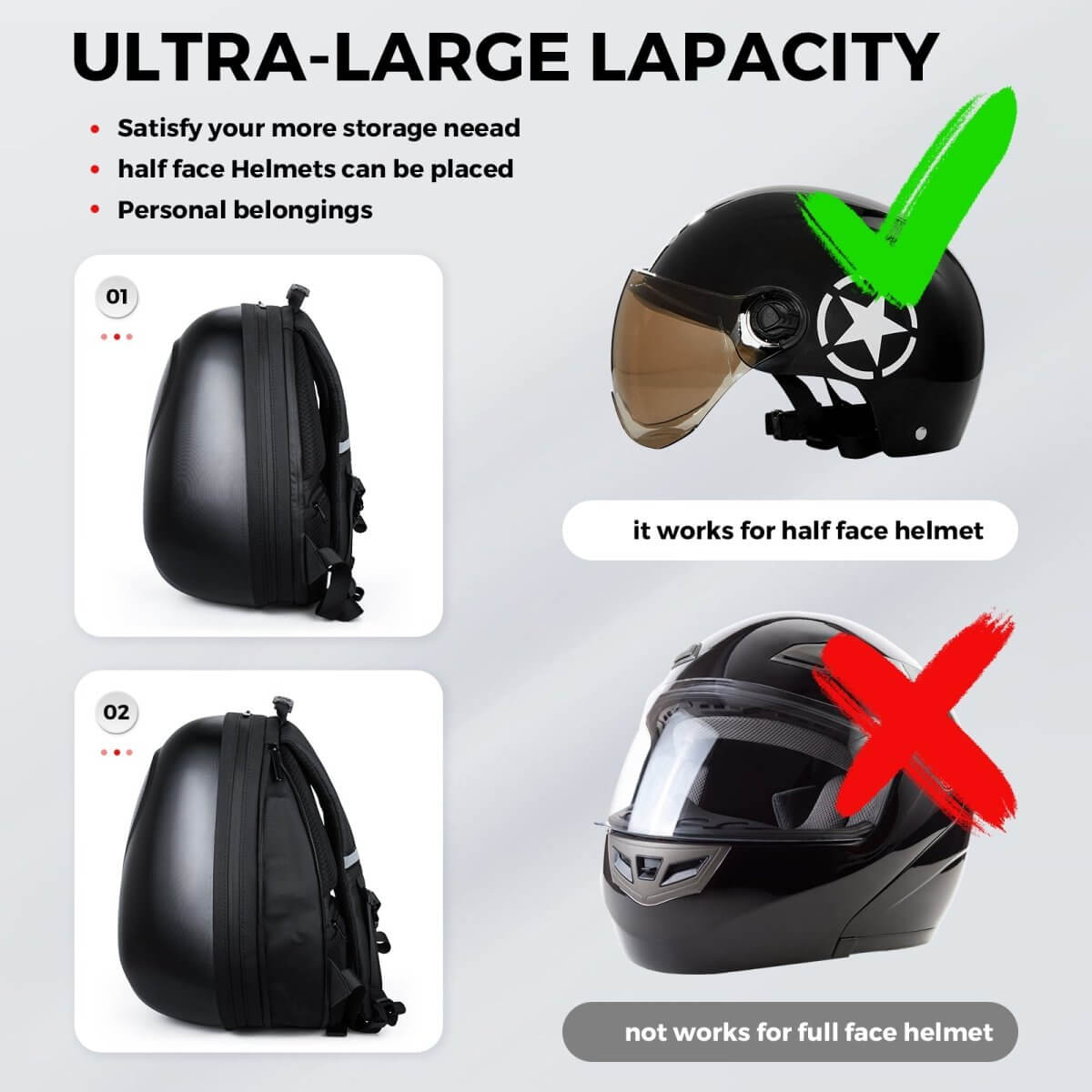 Gelrova Motorcycle LED Backpack - Sea Heart Series - 17" displaying storage capacity for half face and full face helmets.