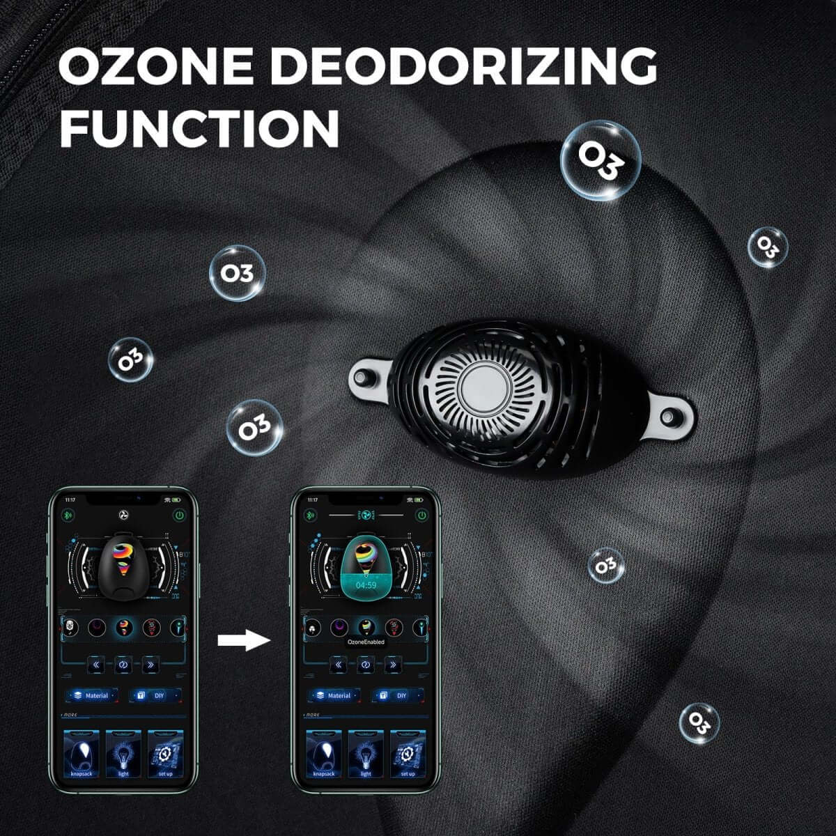Ozone deodorizing function demonstration for Gelrova Motorcycle LED Backpack - Sea Heart Series - 17", showcasing app controls.