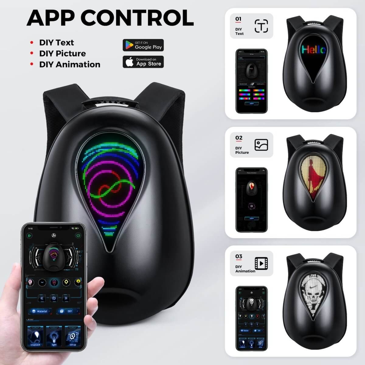 Gelrova Motorcycle LED Backpack - Sea Heart Series - 17" showing app control features for DIY text, picture, and animation.