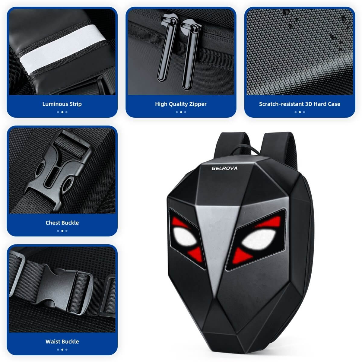 Gelrova LED Motorcycle Backpack - Knight Series showcasing features like luminous strip, zippers, and hard case design.