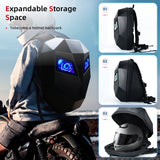 Expandable Gelrova LED Motorcycle Backpack - Knight Series with customizable LED eyes, ideal for commuting and road trips.