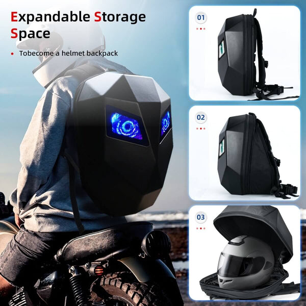 Expandable Gelrova LED Motorcycle Backpack - Knight Series with customizable LED eyes, ideal for commuting and road trips.